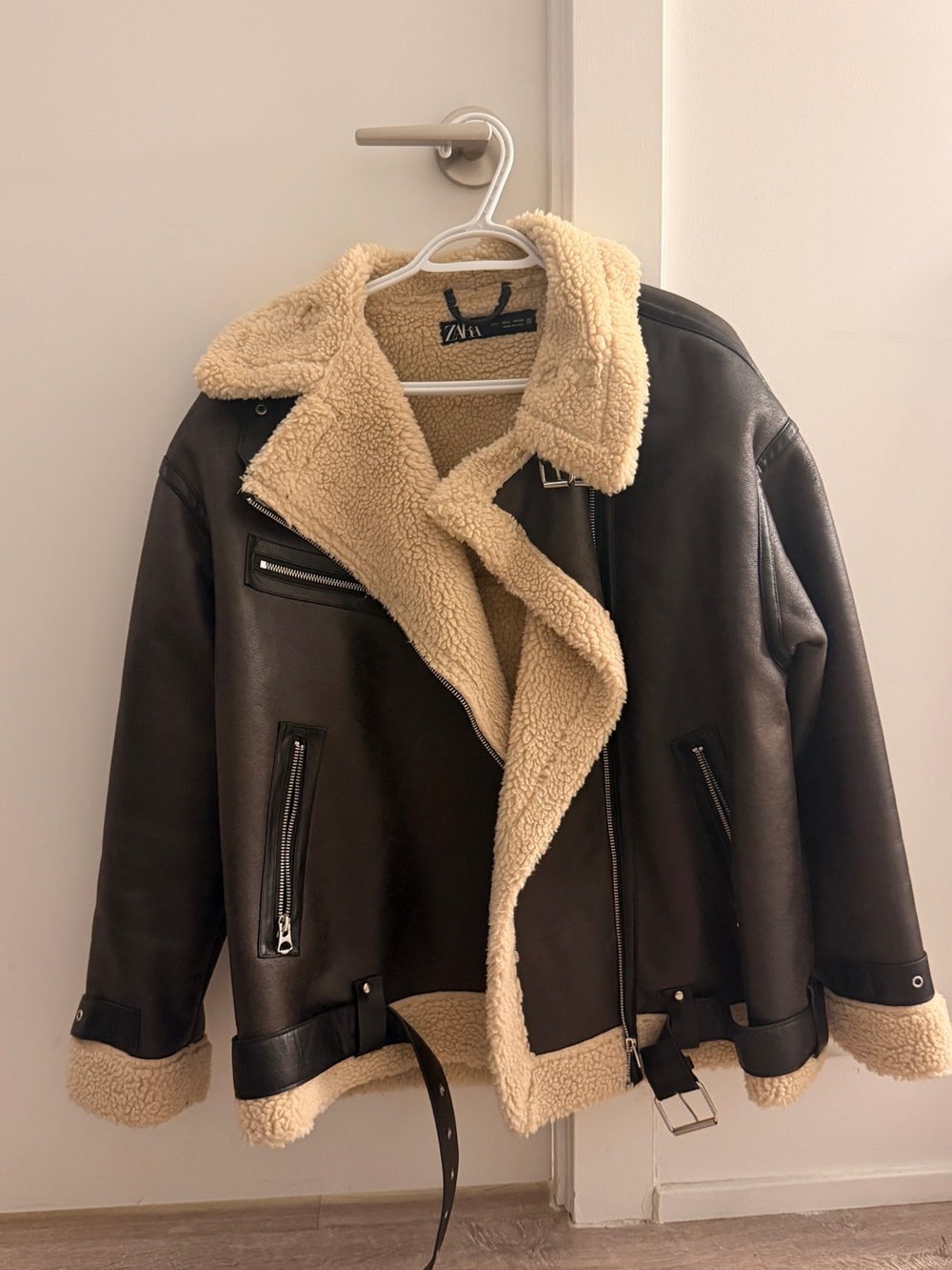 Zara Black Faux Leather Aviator Jacket with Cream Shearling